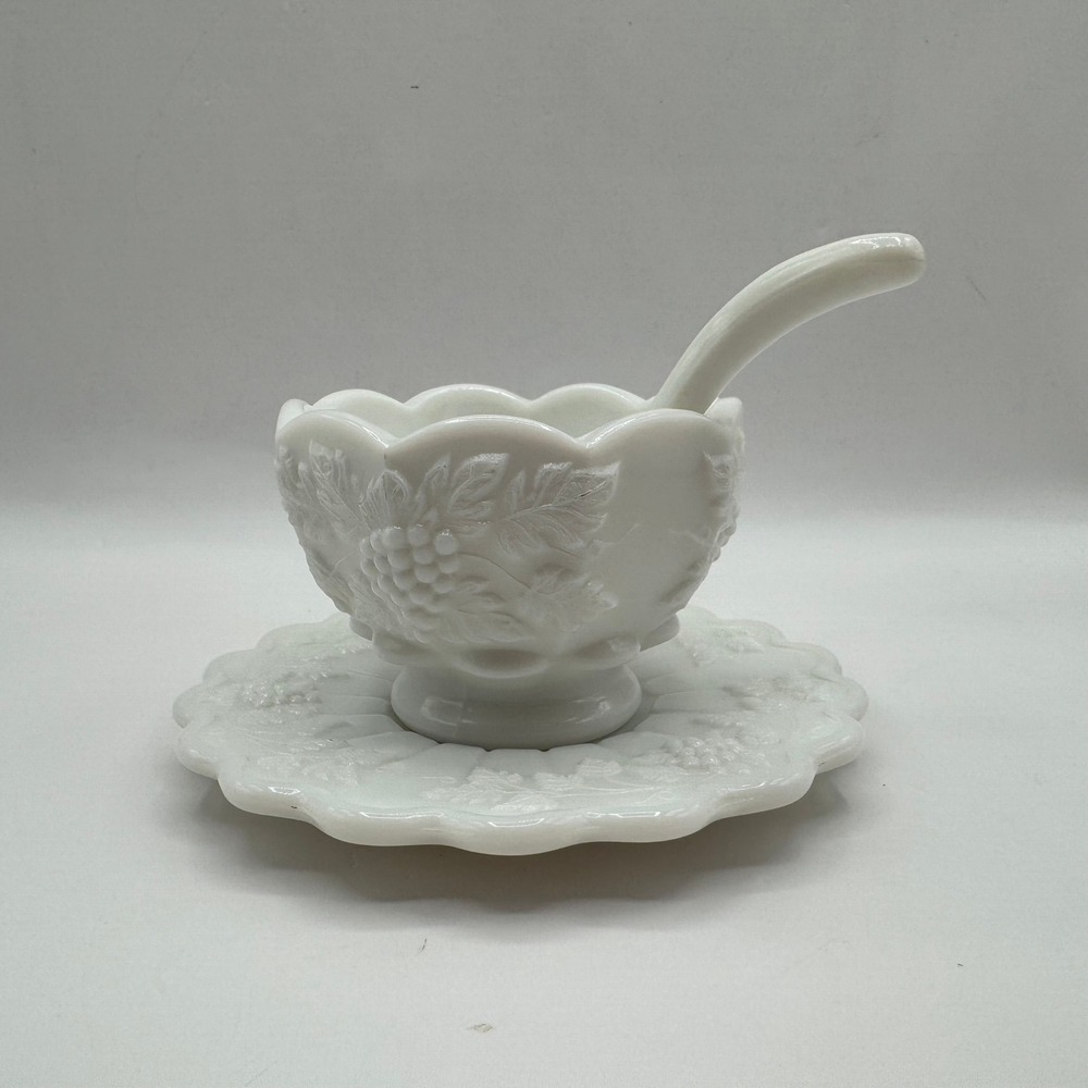 Westmoreland Milk Glass Sauce Mayonnaise Set Paneled Grape Bowl Plate Ladle